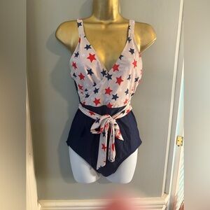 Patriotic Red and Blue One Piece Swimsuit with Bow Belt